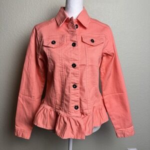 DG2 Diane Gilman Peach‎ Denim Jacket Jean Ruffle Button Front Size XS Stretch